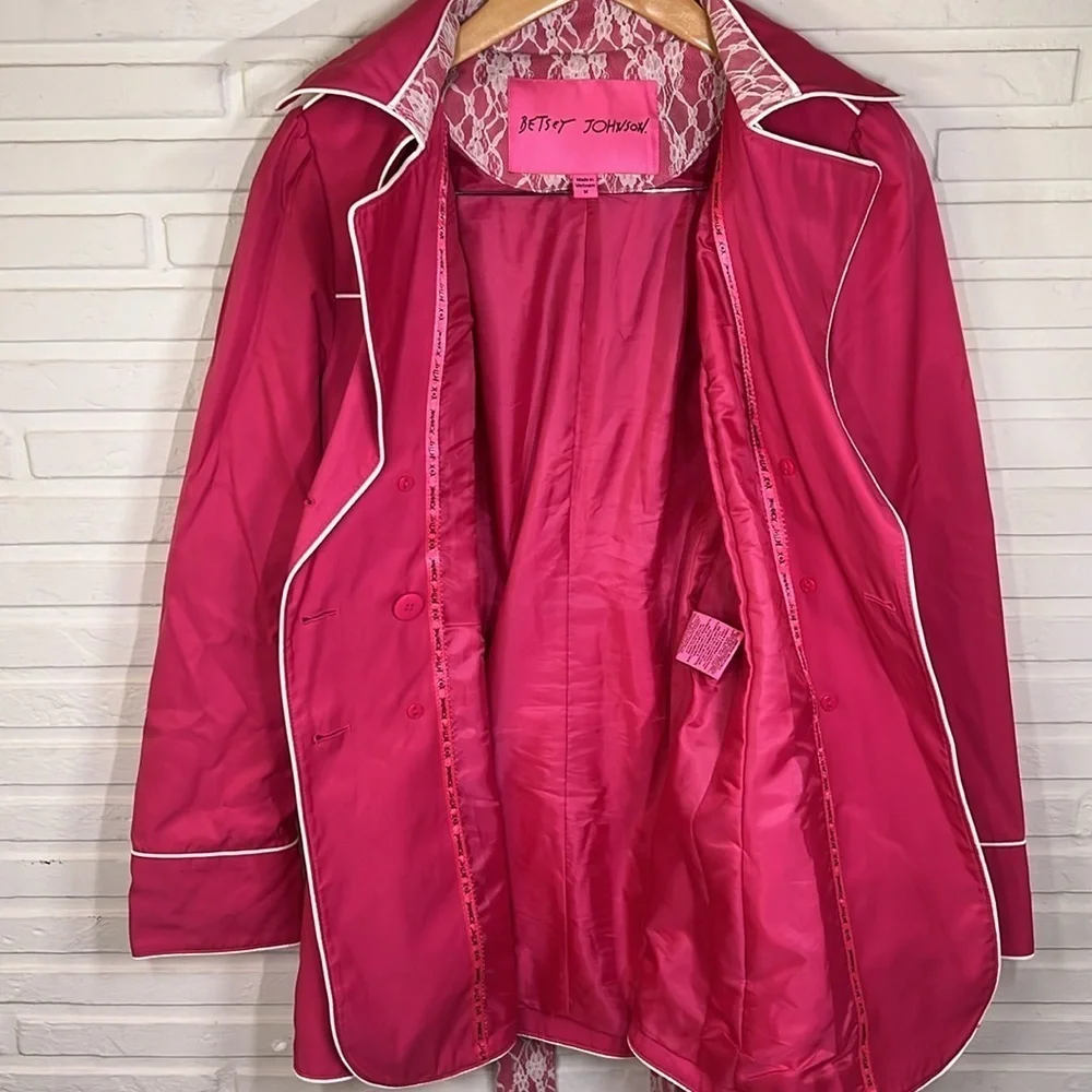 Betsey Johnson Hot Pink Lace Double Breasted Trench Coat, Women’s Size Medium - Picture 10 of 11